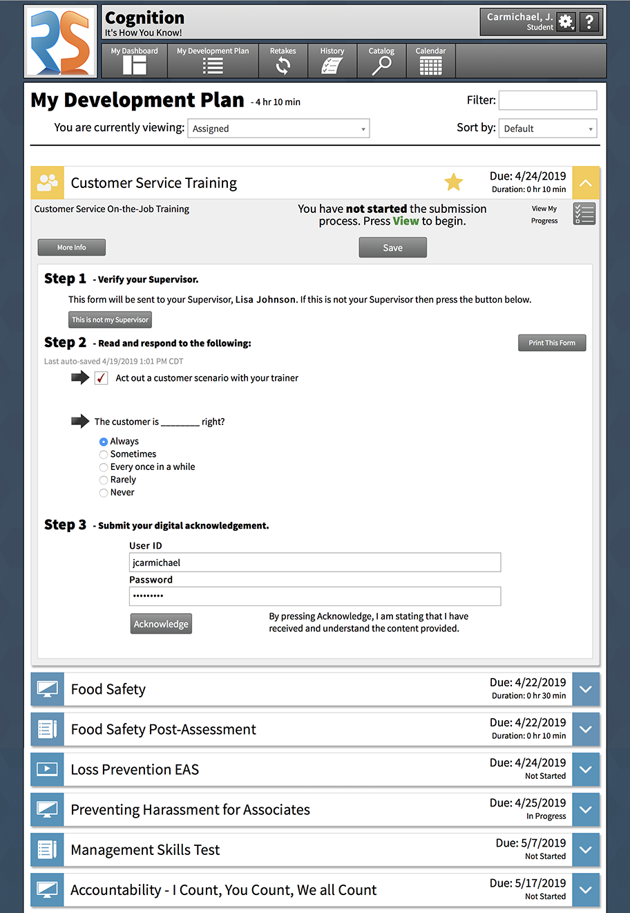 Student Development Plan on Cognition Learning Management System with On the Job Training module, eLearning, tests, and other learning modules. Student Development Plan on Cognition Learning Management System with On the Job Training module, eLearning, tests, and other learning modules.